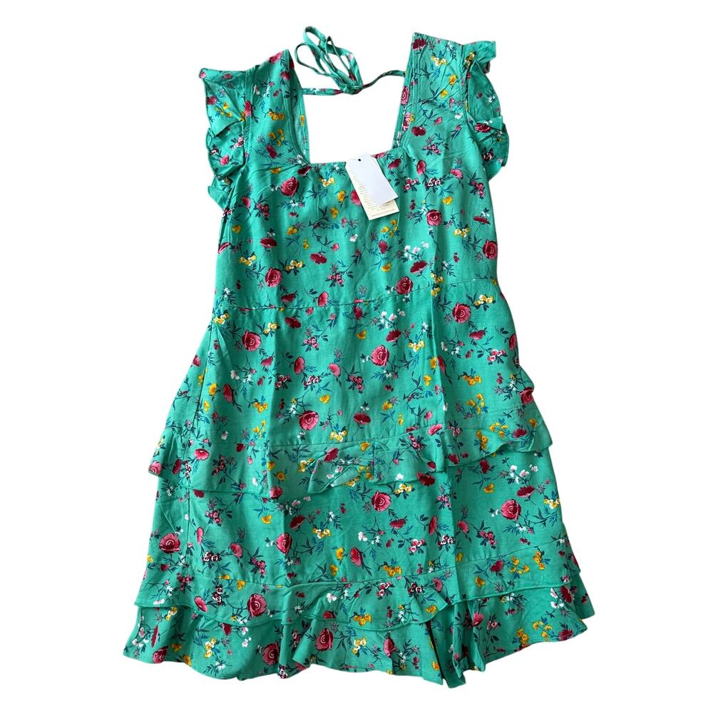 B.O.G Collective Boho Vacation Girly Tiered Tie Back Green Mini Dress Large